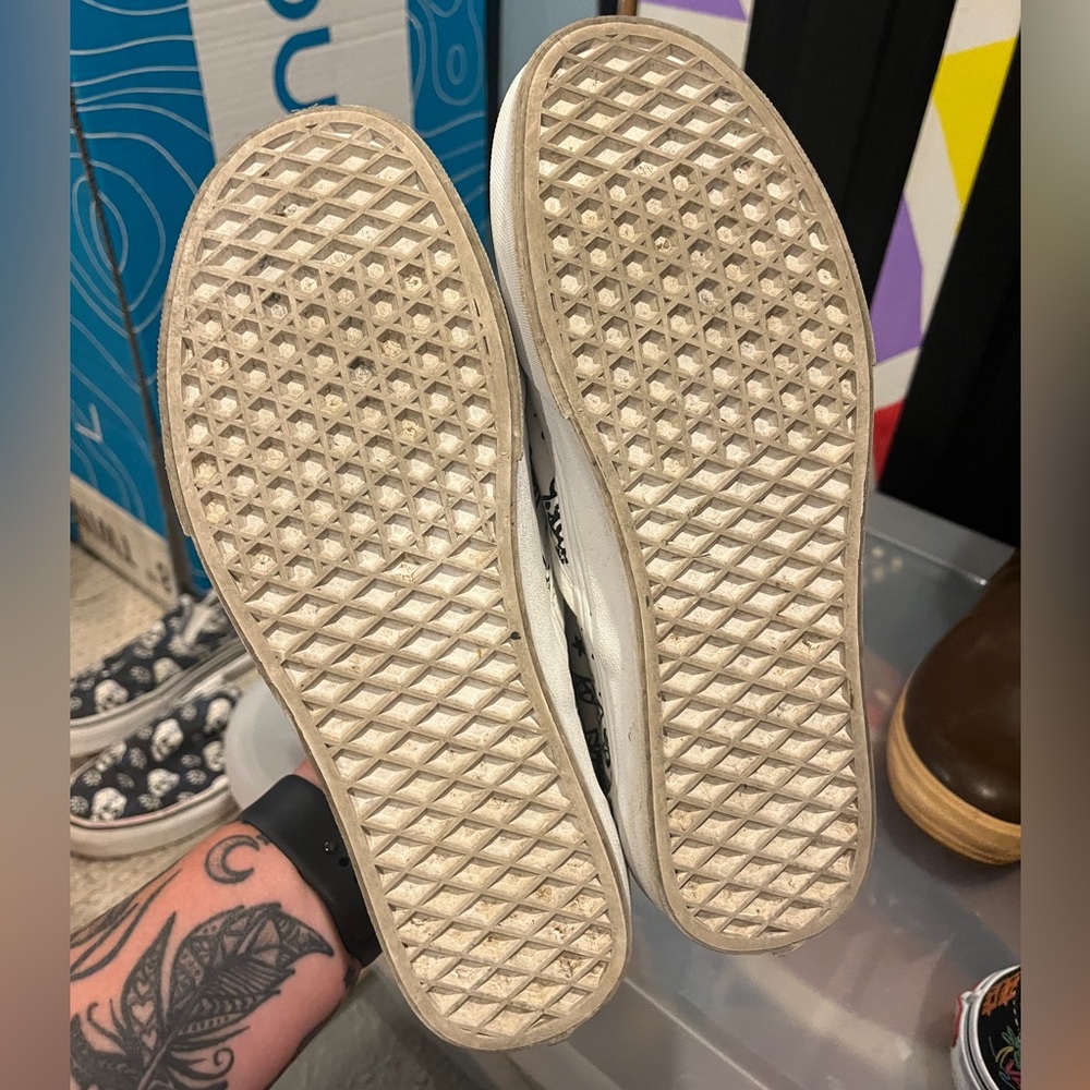 Vans White Slip-On Sneakers with Black Tattoo-Style Print - Picture 2 of 3